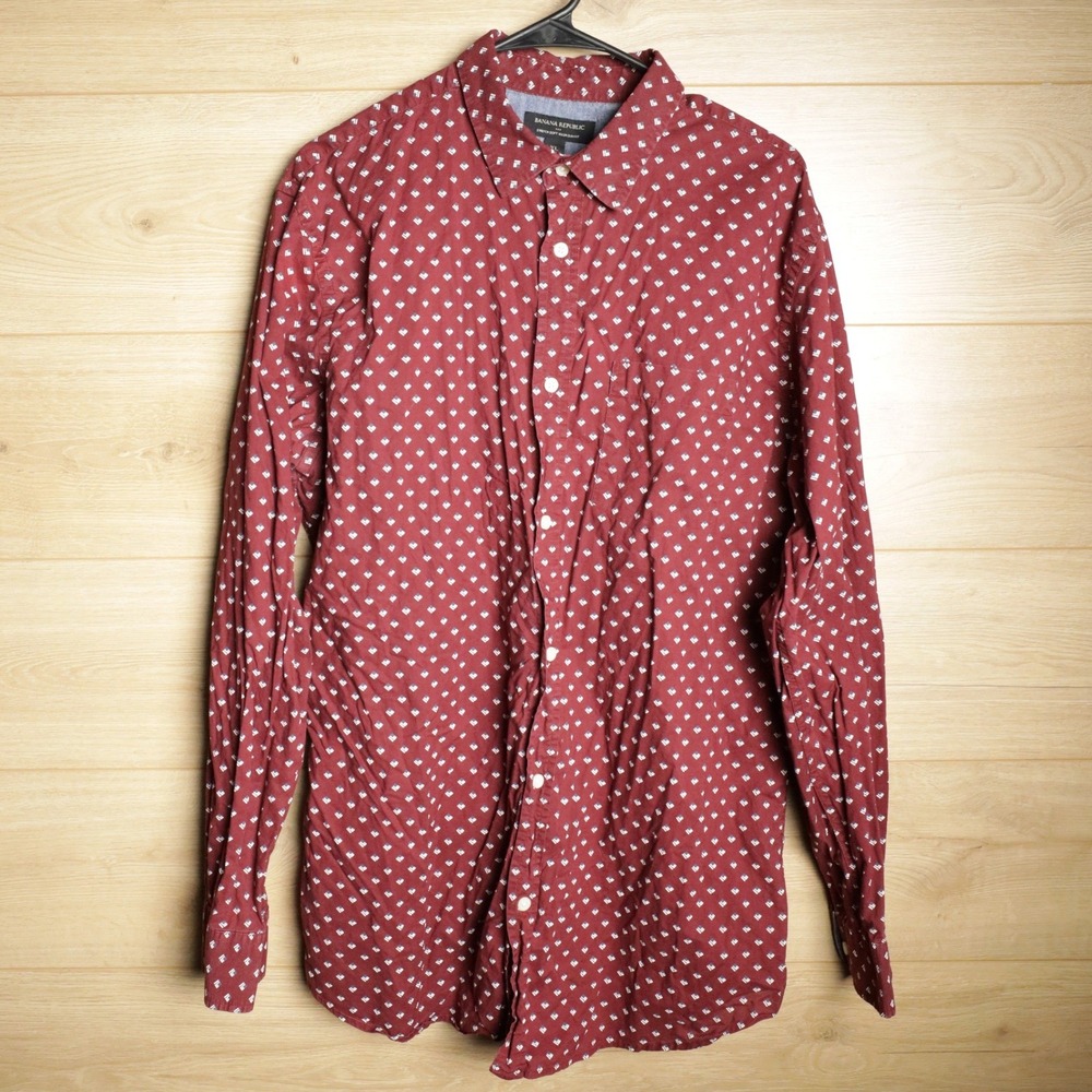Banana Republic Mens Stretch‎ Soft Wash Slim Fit Burgundy Print Long Sleeve XL